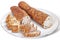 Sliced Integral Dark Wholegrain Baguette Loaf And Sesame Puff Pastry Zu-Zu On Porcelain Plate - Isolated With Clipping Path