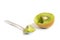 A sliced kiwifruit and spoon with a piece of kiwifruit