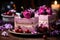 Sliced Lilac cakes with berries, decorated with flowers, dark wooden table