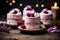 Sliced Lilac cakes with berries, decorated with flowers, dark wooden table