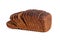 Sliced loaf of black Borodino bread on a white background