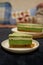 Sliced mousse cake, matcha flavor.