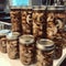 Sliced Mushrooms in Glass Jar. Sauteed canned Mushrooms. AI generated picture