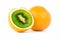 Sliced orange with kiwi inside photo manipulation on white background