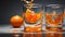 a sliced orange plunges into a crystal-clear juice glass, sending ripples through the liquid