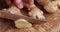 Sliced pieces of ginger root on the table