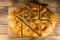 Sliced pita bread on cutting board on wooden table