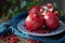 Sliced pomegranate on patterned plate with scattered seeds.