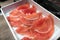 Sliced Pork Prepared for Japanese Shabu-shabu on a white tray