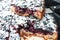 Sliced powdered blackcurrant tart on a round baking tray