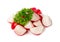 Sliced Radish Roots Isolated, Red Root Round Cuts, Red Radishes Slice Pile, Radis cross sections on White