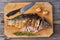Sliced raw carp on wooden board