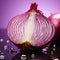 Sliced red onion exhibits translucent layers on a pink purple reflection