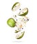 Sliced ripe cherimoya Annona cherimola in the air, isolated on a white background