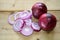 Sliced rustic red onions, cooking ingredients