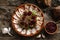 Sliced salted lard and bacon with rye bread, horseradish, spices on plate on rustic wooden background. Appetizer, top view