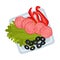 Sliced sausage, lettuce and vegetables on a square plate. Vector illustration.