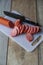 Sliced sausages on chopping board. Sliced sausage on the board