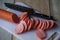 Sliced sausages on chopping board. Sliced sausage on the board