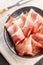 Sliced schwarzwald ham. Dried prosciutto ham on plate