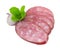 Sliced semi-smoked ham sausage isolated on white