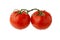 Sliced single ripe juicy red tomato with water drops closeup flying on white