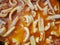 Sliced squid in tomato sauce / Seafood background in sauce /