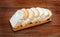 Sliced stack of bread on blue plate. Background of wooden table. Bread for sandwich. Golden slices in plate