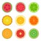 Sliced tropic fruit set. Collection of round summer fruit slice icons