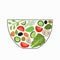 Sliced vegetables in a salad bowl. A set of elements for cooking. Vegetables in pieces, herbs. Vector illustration. The