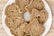 Sliced wheaten bread in circle shape, food theme