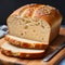 sliced wholegrain bread on dark ructic wooden background closeup