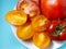 Sliced â€‹â€‹juicy tomatoes of different varieties on a plate. Greenhouse orange tomatoes. Vegetarian food. Still life of