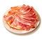 Slices of appetizing jamon is shown on a white background