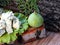 Slices of blue cheese on a green lettuce leaf with figs on a background of tree bark. A shot of alcohol