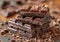 Slices of dark broken chocolate bar with cocoa on table.Macro.AI Generative