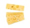 Slices of delicious semi-hard cheese isolated on a white background, top view