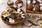 slices of different dried mushrooms in a wooden bowl as gourmet food ingredients, Vegetable organic protein trend food