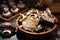 slices of different dried mushrooms in a wooden bowl as gourmet food ingredients, Vegetable organic protein trend food