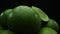 Slices of fresh lime are arranged in a pile with a black background. Comestible.