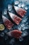 Slices of fresh tuna fish with ice cubes on dark blue background. Toned.