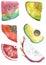 Slices of fruit. Tropical  slices of fruit kiwi avocado watermelon Dragonfruit. The multicolor bright slices of fruit.