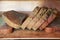 Slices of old moldy rye bread on wooden shelf