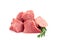 Slices of raw pork on white background, meat, isolate. The branch of rosemary