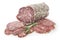 Slices of salami on a white background