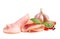 Slices of tasty fresh ham with basil, vegetables and pepper isolated