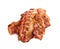 Slices of tasty fried bacon on background