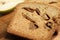 Slices of tasty pear bread on wooden board. Homemade cake