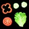 Slices of tomato, paprika, cucumber and leaf of lettuce for sandwich. Watercolor illustration on black background