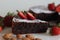 Slices of Torta caprese. Chocolate and almond cake. A yummy chocolaty flourless cake from the Capri island, Italy